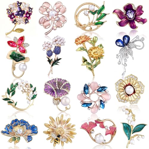 Sasylvia 16 Pcs Women Brooch Set Rhinestone Vintage Animal Insect Plant Pins Brooches Bulk for Christmas Women Girls Gifts - style: Flower