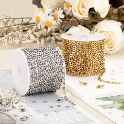 SMYHTGLIF 32.8 Feet Stainless Steel Chain for Jewelry Making 2 Rolls Chain | Gold and Silver Jewelry Making Chains Craft Chain Roll Oval Cable Bulk Chain DIY Jewelry Supplies - size: 4.1×3mm