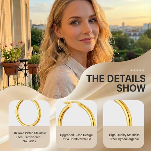 4 Pairs Silver Gold Hoop Earrings for Women,30/40/50/60 mm Stainless Steel 14K Silver Gold Plated Loop Earrings for Women Hypoallergenic Fashionable Lightweight Big Women Earrings Loop Earrings Set - color: Gold-30/40/50/60mm