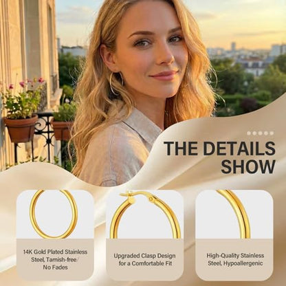 4 Pairs Silver Gold Hoop Earrings for Women,30/40/50/60 mm Stainless Steel 14K Silver Gold Plated Loop Earrings for Women Hypoallergenic Fashionable Lightweight Big Women Earrings Loop Earrings Set - color: Gold-30/40/50/60mm