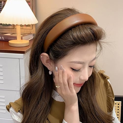 3 Pack Padded Leather Headbands for Women - Fashion Wide Non-Slip Hair Hoops - color: Black, white,Brown-B