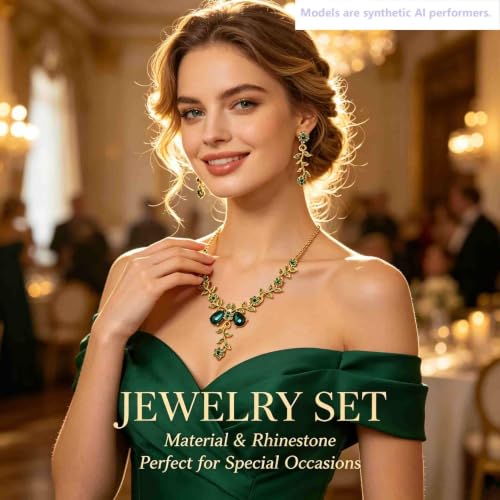 Kamirola Women's Wedding Jewelry Leaf Cluster Flower Crystal Dangle Earrings Pendant Necklace Set for BridalCrystal Bridal Jewelry Set - color: Gold & Green