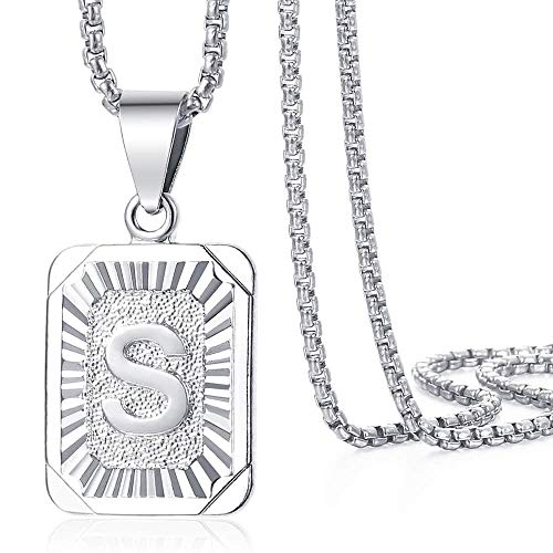 Trendsmax Initial Letter Pendant Necklace Mens Womens Capital Letter White Gold Plated A Z Stainless Steel Box Chain 22inch - style: S