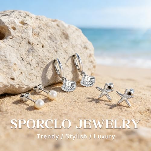 14K Gold Hoop Dangle Stud Earrings Surgical Steel Helix Piercing | Hypoallergenic,Cubic Zirconia,3 Pairs Huggie Hoop Set for Women,Dangle Stud,Cartilage Tragus Conch Earring,Jewelry Gift - color: L2-Silver Shell & Pearl Earrings