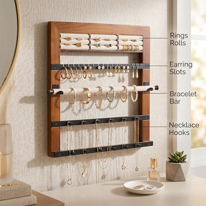 Hives and Honey Tori Wall Hanging Jewelry Rack – Wall-Mounted Organizer with Ring Rolls, Earring Slots, Bracelet Bar & Necklace Hooks, Anti-Tarnish Linen, Walnut - color: Walnut