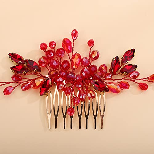 Teyglen Crystal Wedding Hair Comb - Bridal Full Red Rhinestone Side Comb - Dainty Green Blue Black Pieces - Bride Accessories for Women Girl (Red) - color: Red