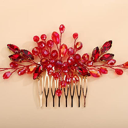 Teyglen Crystal Wedding Hair Comb - Bridal Full Red Rhinestone Side Comb - Dainty Green Blue Black Pieces - Bride Accessories for Women Girl (Red) - color: Red