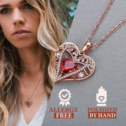 5 Heart I Love You Necklace for Women, Birthstone Crystal Pendant, Birthday Gift for Her, Wife, Mom, Rose Gold or Gunmetal Plated, 925 Sterling Silver Chain 18"+2" - color: 01-January & July-Ruby Red-Rose Gold Plated