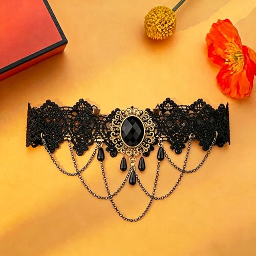 coadipress Gothic Lace Choker Necklace for Women Crystal Royal Court Vampire Choker Gothic Necklace Retro Handmade Halloween Gifts