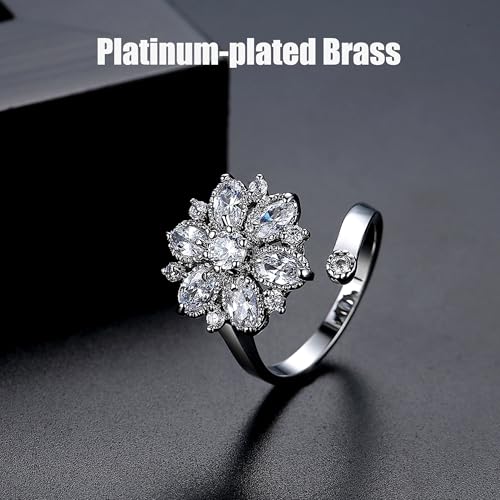 18K Gold Plated Rings for Women and Teen Girls Non Tarnish Cubic Zirconia Fidget Ring Butterfly/Snake/Mesh/Cross/Crown Knuckle Ring Open Adjustable Statement Stacking Chunky Rings - color: Silver Flower