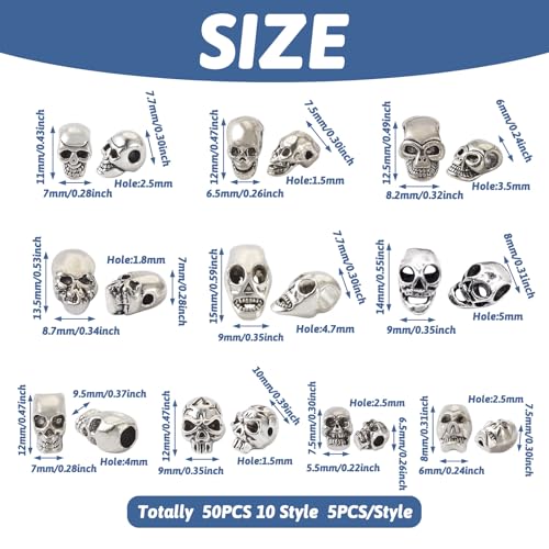 Elecrelive 50Pcs Alloy Skull Beads Skeleton Head Beads 10 Styles Antique Silver Halloween Charms for Gothic Necklace Bracelets Earrings Jewelry Making - color: Antique Silver