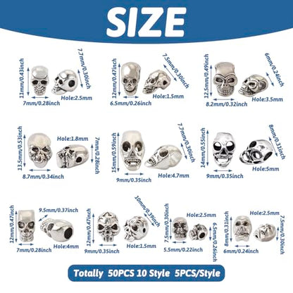 Elecrelive 50Pcs Alloy Skull Beads Skeleton Head Beads 10 Styles Antique Silver Halloween Charms for Gothic Necklace Bracelets Earrings Jewelry Making - color: Antique Silver