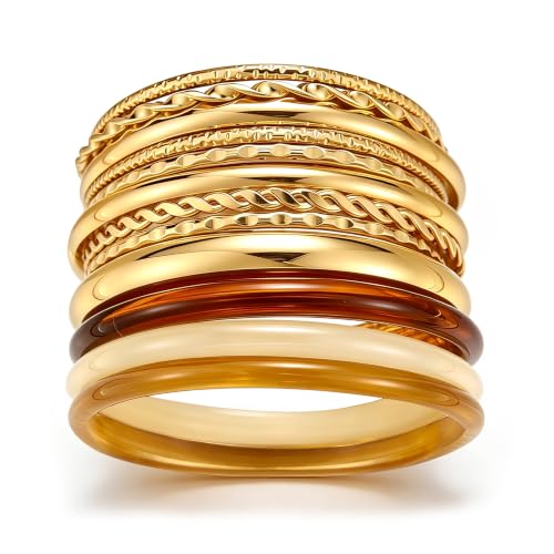 ÌF ME Gold Bangle Bracelets for Women, Indian Bangles Stackable Set, Multi Layer Textured 18K Gold Plated Chunky Bracelets Boho Jewelrys Set - style: G-13PCS Amber Resin Gold