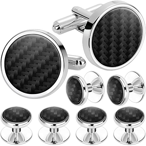 Mens Cufflinks and Tuxedo Studs Set in Gift Box (Carbon Fiber), Jewelry or Accessories in Gold Silver Black Tone, Matching with Shirts Vest and Bow tie, Suitable for Birthday Wedding Anniversary - color: 2+6 Black 1