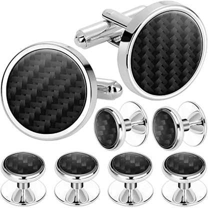 Mens Cufflinks and Tuxedo Studs Set in Gift Box (Carbon Fiber), Jewelry or Accessories in Gold Silver Black Tone, Matching with Shirts Vest and Bow tie, Suitable for Birthday Wedding Anniversary - color: 2+6 Black 1