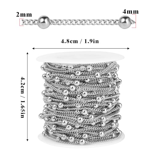 33FT 2mm Stainless Steel Satellite Bead Chains Roll Bulk for Jewelry Making | 304 Stainless Steel Ball Beaded Twisted Curb Link Chains Spool for DIY Craft - color: Stainless Steel Big Beads Satellite Curb Chain