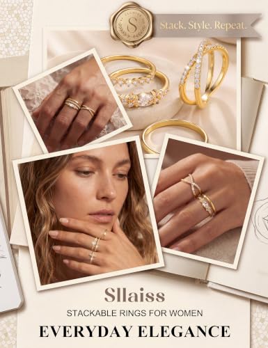 Sllaiss Stackable Gold Rings for Women Non-Tarnish 14K Gold Plated Ring Set | Non Tarnish, Dainty Stacking Ring Set, Ring Stack, Cubic Zirconia Thumb Rings, Promise Wedding Bands, Stackable Rings - color: 14K Gold Clear CZ