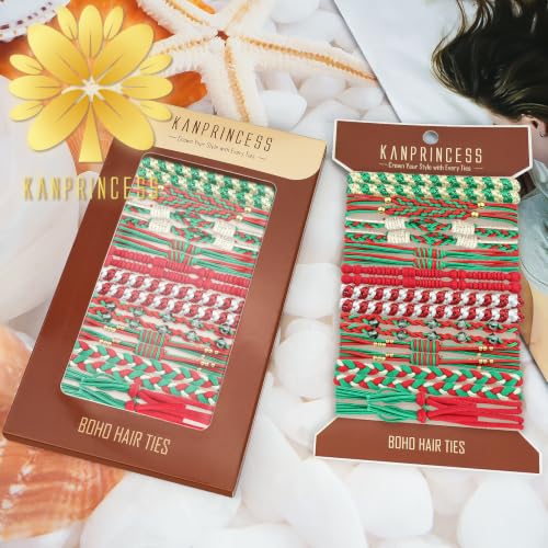 KANPRINCESS 20pcs Christmas Boho Hair Ties - 10 Styles | Elastic Hair Bands & Bracelets for Women's Thick or Thin Hair - No Damage - Christmas Gift For Girls Teens Women - color: Set18