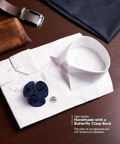 Premium Trio Cluster Flower Lapel Pin - Formal Boutonniere for Men, Flower Brooch Pin - color: Navy