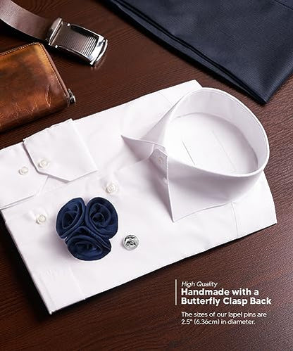 Premium Trio Cluster Flower Lapel Pin - Formal Boutonniere for Men, Flower Brooch Pin - color: Navy