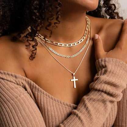 M MOOHAM Cross Necklace for Women Non Tarnish - 14K Gold Plated Dainty Clover Cross Layered Necklaces Stack Set Herringbone Figaro Paperclip Chain Necklace Trendy Religious Baptism Faith Jewelry Gifts - color: cross