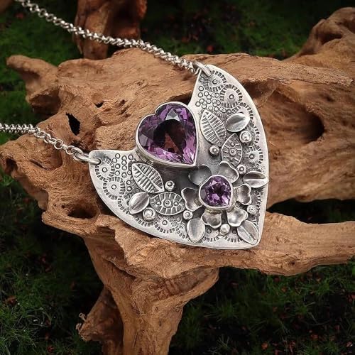 Love Amethyst Necklace Romantic Gift for Girlfriend Mom Valentine’s Day | Antique silver 3D leaf floral heart tag with double heart amethyst, skin-friendly alloy as romantic Valentine’s gift