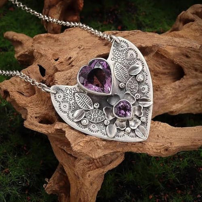 Love Amethyst Necklace Romantic Gift for Girlfriend Mom Valentine’s Day | Antique silver 3D leaf floral heart tag with double heart amethyst, skin-friendly alloy as romantic Valentine’s gift