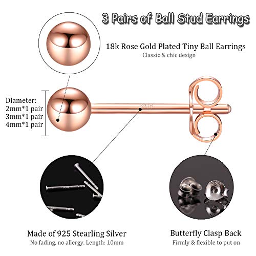 EPIRORA Sterling Silver Stud Earrings for Women- 3 Pairs Tiny Ball Stud Earrings Round CZ Cubic Zirconia Earrings Pearl Earrings Set Cartilage Small Tragus Earrings(2mm,3mm,4mm) - style: Ball earrings(2mm,3mm,4mm)-18k Rose gold plated