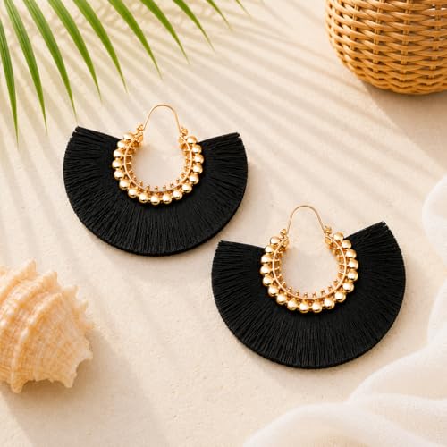 Tassel Hoop Earring Statement Thread Dangle Earrings Stylish Long Fringe Drop Earrings Lightweight Long Swingy French Hook Earrings for Women - color: C Black