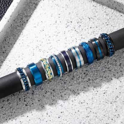 EIELO 9Pcs Stainless Steel Band Rings for Men Women Cool Fidget Spinning Chain Ring Anxiety Relief Fashion Simple Wedding Engagement Black Ring Set - color: Blue