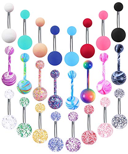 24-50Pcs 14G Stainless Steel Belly Button Rings for Women CZ Screw Navel Bars Body Piercing Jewelry - color: Stainless Steel
