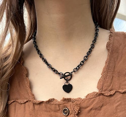 WangGao Elegent Love Stainless Steel Link Chain Blank Heart Charms Necklace for Women Toggle Clasp Closure - color: Black, size: 17.72inches