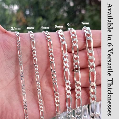 Figaro 925 Sterling Silver Chain for Men - Handmade Italian Design, Hypoallergenic, Secure Lobster Clasp - Stylish, Durable Necklace & Bracelet Chains for Everyday & Special Occasions - Gift Idea - size: 7, style: 3MM