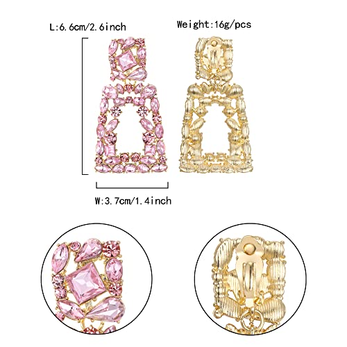 Flyonce Rectangle Clip-on Drop Earrings for Women, Sparkly Rhinestone Crystal Geometric Statement Non Pierced Earring Wedding Prom Party Jewelry for Brides Bridesmaid - color: Gold-Tone_Pink