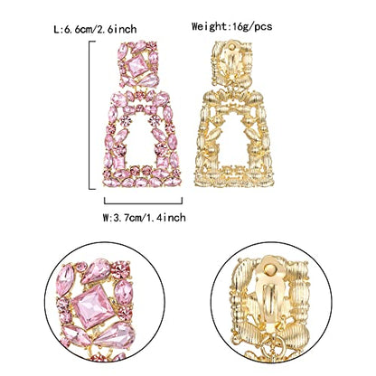 Flyonce Rectangle Clip-on Drop Earrings for Women, Sparkly Rhinestone Crystal Geometric Statement Non Pierced Earring Wedding Prom Party Jewelry for Brides Bridesmaid - color: Gold-Tone_Pink