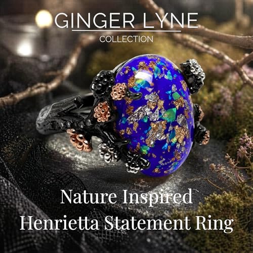 Henrietta Gothic Opal Ring for Women, Fantasy Promise Ring by Ginger Lyne | Simulated White Fire Opal, Cubic Zirconia Black Rose Gold Plated Bold Jewelry Statement Piece For Engagements, Gifts & Events - color: Blue
