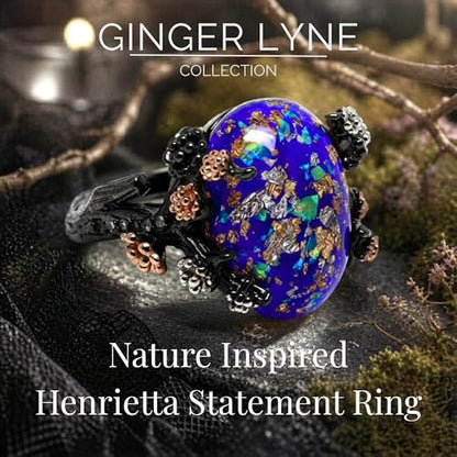 Henrietta Gothic Opal Ring for Women, Fantasy Promise Ring by Ginger Lyne | Simulated White Fire Opal, Cubic Zirconia Black Rose Gold Plated Bold Jewelry Statement Piece For Engagements, Gifts & Events - color: Blue