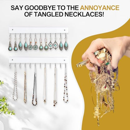 2 Pack Wall Necklace Organizer, Wooden Jewelry Holder, White, 24 Hooks | Real Wood; 24 Rotating Hooks; Wall Mount With Screws; Keeps Necklaces, Bracelets, Earrings, And Keys Organized - color: White