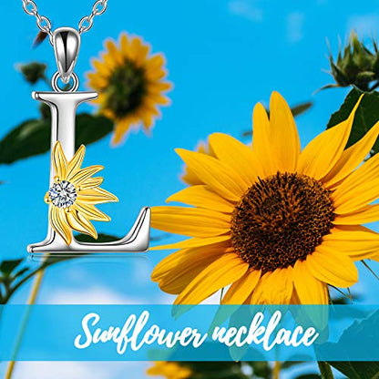 POPLYKE Initial Sunflower Necklace for Women 925 Sterling Sliver Sunflower Pendant Necklace Letter Initial Pendant Chain - style: Sunflower L