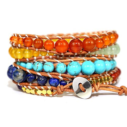 Boho Wrap Bead Bracelet for Women - Handmade Adjustable Natural Stone Beaded Bracelets Yoga Healing Bracelet Bangle Hippie Jewelry - color: Chakras