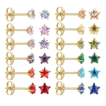 12 Pairs Surgical Stainless Steel Stud Earring Round Heart Star Square Cubic Zirconia Birthstone Stud Earrings Set for Women - color: Gold star 4mm