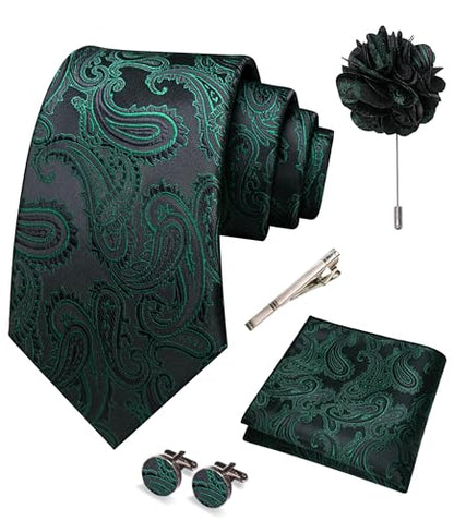 JEMYGINS Mens Paisley Tie and Pocket Square,Lapel Pin,Cufflinks,Tie Clip Sets with Gift Box 5PCS - color: Dark Green/Black