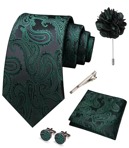 JEMYGINS Mens Paisley Tie and Pocket Square,Lapel Pin,Cufflinks,Tie Clip Sets with Gift Box 5PCS - color: Dark Green/Black