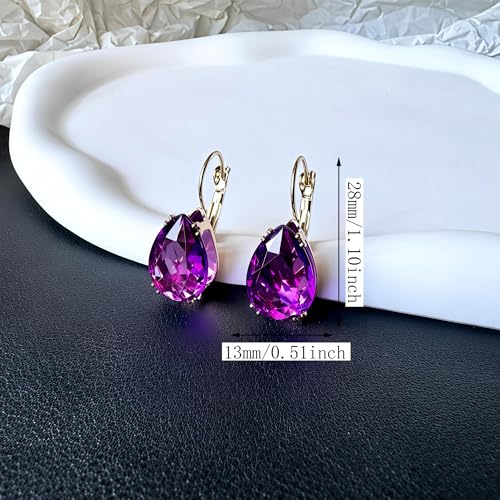 14K Gold Teardrop Crystal Leverback Earrings Sparkly Rhinestone Water Droplet Dangle Drop Earrings For Women - color: Dark Purple