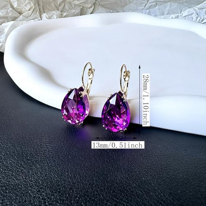 14K Gold Teardrop Crystal Leverback Earrings Sparkly Rhinestone Water Droplet Dangle Drop Earrings For Women - color: Dark Purple
