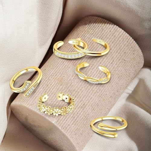 6pcs Toe Rings Set for Women - Adjustable 14K Gold Filled Open Bands, Non Tarnish Hypoallergenic Summer Beach Foot Jewelry with Flowers, Plain Styles