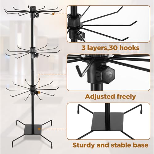 3 Tier 28.3 x 11.8 Inch Rotating Display Stand, Earring Display Rack, Black Metal Retail Display Stand with Hooks for Necklace, Bracelet, Earrings, and Keychains, Adjustable Height