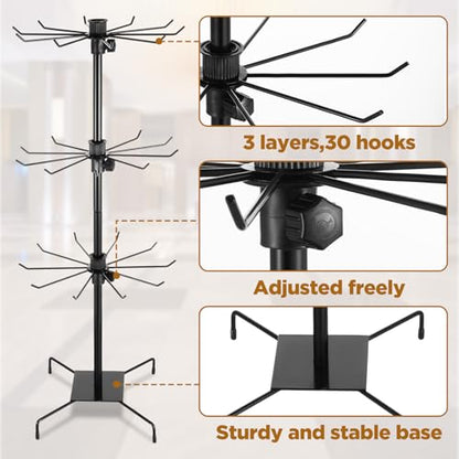 3 Tier 28.3 x 11.8 Inch Rotating Display Stand, Earring Display Rack, Black Metal Retail Display Stand with Hooks for Necklace, Bracelet, Earrings, and Keychains, Adjustable Height