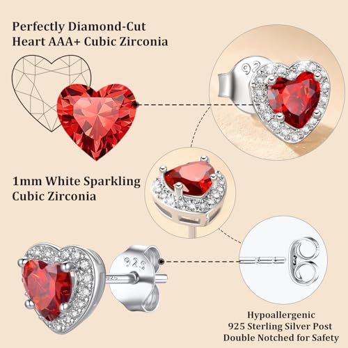 Bestyle 8mm Small Birthstone Earrings for Women with Hypoallergenic Sterling Silver Post,Sparkle Heart/Round Womens Studs Earrings, Great Birthday/Christmas/Anniversary Jewelry for Wife Mother - color: 07. July Ruby-Heart