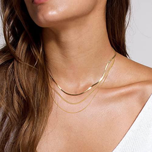 Freekiss Layered Necklace Set for Women Stackable | Herringbone Snake Cuban Rope Chain, Dainty Choker, Layered Stackable, Non Tarnish, Hypoallergenic, Adjustable 14-18.5" - color: Gold, style: Cuban+Box chain+Snake